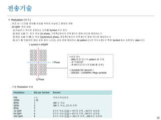 22
 OFDM (Orthogonal Frequency Division Multiplexing)
. 고속의 전송률을 갖는 데이터열을 낮은 전송률을 갖는 많은 수의 데이터열로 나누고, 이들을 다수의 부반송파를 사용하여 동시에 전송
. 따라서 OFDM 기법은, 1개 채널의 고속의 원천 데이터열을 다중의 채널로 동시에 전송한다는 측면에서는 "다중화 기술"이며,
다중의 반송파에 분할하여 실어 전송한다는 측면에서는 일종의 "변조 기술"이다.
. 각 부 반송파의 파형은 시간축 상으로는 직교(Orthogonal)하나, 주파수축상에서는 겹치게(Overlap)된다
. 직교란 decoupling 의미이며, sub carrier 간 간섭을 없게 하는 방법이다
. OFDM 과 다중 Access 방식 :
OFDM – TDMA : 사용자를 시간 slot 에 배정 , 802.11n
OFDM – FDMA : 사용자를 sub-carrier 에 배정
OFDMA : 사용자를 RB 에 배정 – 특정 귀속 없이 무작위 (?) , 4G-LTE
. In the OFDM signal for the IEEE 802.11n Wi-Fi standard, 56 subcarriers are spaced 312.5 kHz in a 20-MHz channel.
Data rates to 300 Mbits/s can be achieved with 64QAM.
. OFDMA
Divides a channel into multiple narrow orthogonal bands that are spaced so they don’t interfere with one another.
Each band is divided into hundreds or even thousands of 15-kHz wide subcarriers.
To implement OFDMA, each user is assigned a group of subchannels and related time slots. The smallest group of subchannels assigned is 12
and called a resource block (RB). The system assigns the number of RBs to each user as needed.
F1
F2
F3
F4
F5
F6
F7
F8
Time Slot
TDMA FDMA OFDMA
전송기술
 