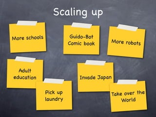 Scaling up
More schools Guido-Bot
Comic book More robots
Invade Japan
Take over the
World
Adult
education
Pick up
laundry
 