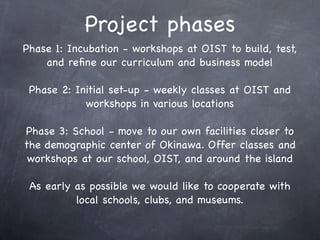 Project phases
Phase 1: Incubation - workshops at OIST to build, test,
and reﬁne our curriculum and business model
Phase 2: Initial set-up - weekly classes at OIST and
workshops in various locations
Phase 3: School - move to our own facilities closer to
the demographic center of Okinawa. Offer classes and
workshops at our school, OIST, and around the island
As early as possible we would like to cooperate with
local schools, clubs, and museums.
 