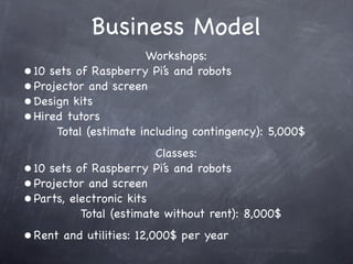 Workshops:
• 10 sets of Raspberry Pi’s and robots
• Projector and screen
• Design kits
• Hired tutors
Total (estimate including contingency): 5,000$
Classes:
• 10 sets of Raspberry Pi’s and robots
• Projector and screen
• Parts, electronic kits
Total (estimate without rent): 8,000$
• Rent and utilities: 12,000$ per year
Business Model
 
