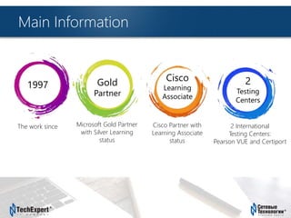 TechExpert Company
Main Information
1997 Gold
Partner
Cisco
Learning
Associate
2
Testing
Centers
The work since Microsoft Gold Partner
with Silver Learning
status
Cisсо Partner with
Learning Associate
status
2 International
Testing Centers:
Pearson VUE and Certiport
 