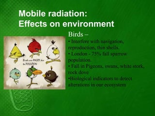 Mobile radiation:
Effects on environment
           Birds –
           • Interfere with navigation,
           reproduction, thin shells.
           • London - 75% fall sparrow
           population.
           • Fall in Pigeons, swans, white stork,
           rock dove
           •Biological indicators to detect
           alterations in our ecosystem
 