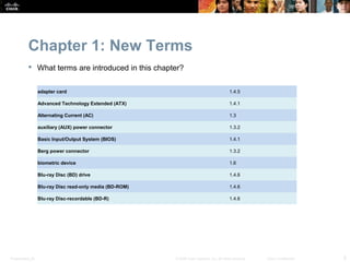 Chapter 1: New Terms
            What terms are introduced in this chapter?


                  adapter card                                                               1.4.5

                  Advanced Technology Extended (ATX)                                         1.4.1

                  Alternating Current (AC)                                                   1.3

                  auxiliary (AUX) power connector                                            1.3.2

                  Basic Input/Output System (BIOS)                                           1.4.1

                  Berg power connector                                                       1.3.2

                  biometric device                                                           1.6

                  Blu-ray Disc (BD) drive                                                    1.4.6

                  Blu-ray Disc read-only media (BD-ROM)                                      1.4.6

                  Blu-ray Disc-recordable (BD-R)                                             1.4.6




Presentation_ID                                           © 2008 Cisco Systems, Inc. All rights reserved.   Cisco Confidential   5
 