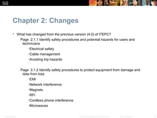 Chapter 2: Changes
            What has changed from the previous version (4.0) of ITEPC?
                  Page 2.1.1 Identify safety procedures and potential hazards for users and
                   technicians
                       •Electrical safety
                       •Cable management
                       •Avoiding trip hazards


                  Page 2.1.2 Identify safety procedures to protect equipment from damage and
                   data from loss
                       •EMI
                       •Network interference
                       •Magnets
                       •RFI
                       •Cordless phone interference
                       •Microwaves

Presentation_ID                                        © 2008 Cisco Systems, Inc. All rights reserved.   Cisco Confidential   9
 