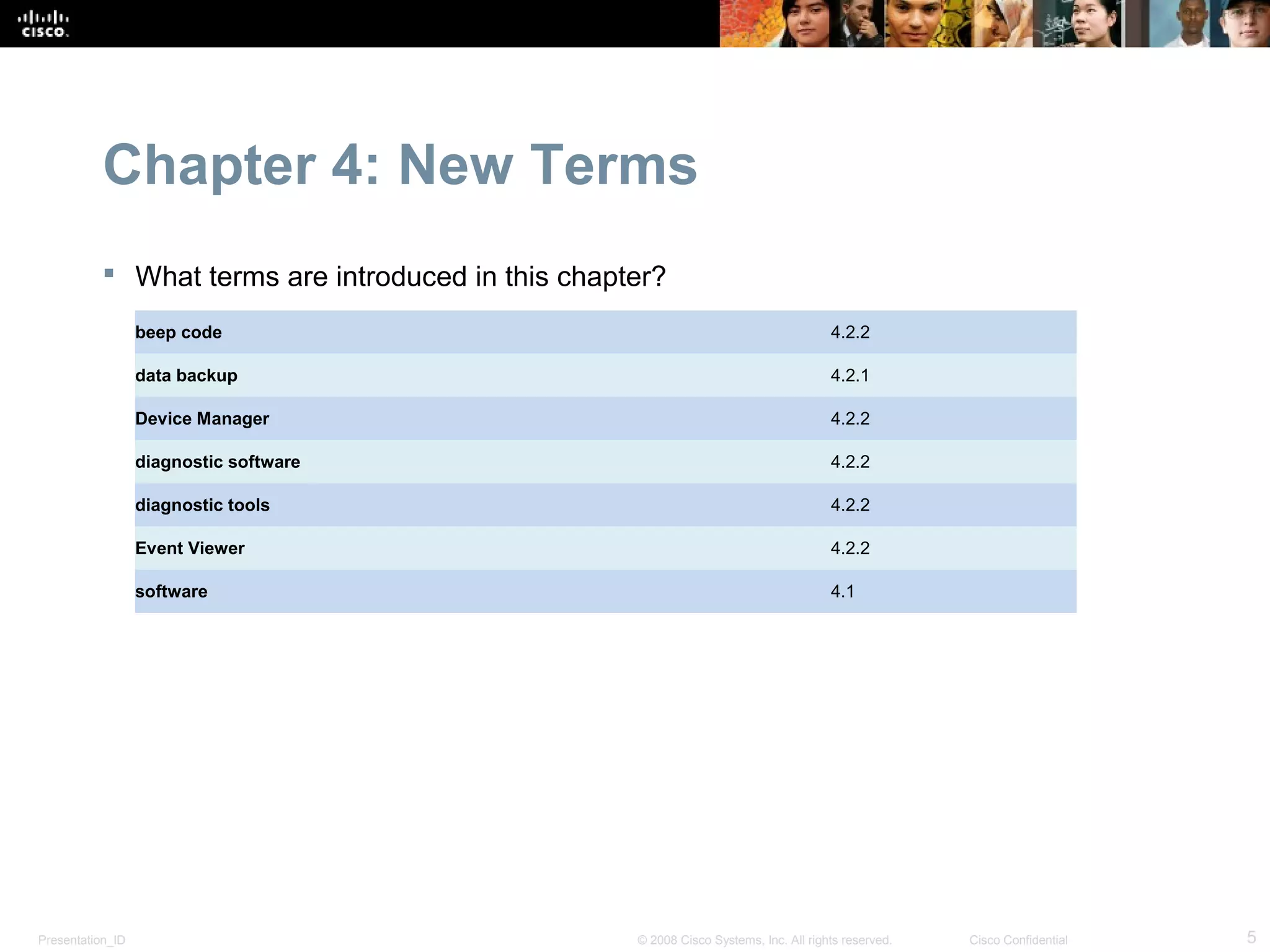 Chapter 4: New Terms
            What terms are introduced in this chapter?
                  beep code                                                            4.2.2

                  data backup                                                          4.2.1

                  Device Manager                                                       4.2.2

                  diagnostic software                                                  4.2.2

                  diagnostic tools                                                     4.2.2

                  Event Viewer                                                         4.2.2

                  software                                                             4.1




Presentation_ID                                     © 2008 Cisco Systems, Inc. All rights reserved.   Cisco Confidential   5
 