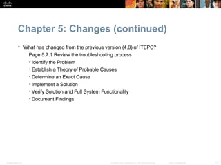 Chapter 5: Changes (continued)
            What has changed from the previous version (4.0) of ITEPC?
                  Page 5.7.1 Review the troubleshooting process
                  • Identify the Problem
                  • Establish a Theory of Probable Causes
                  • Determine an Exact Cause
                  • Implement a Solution
                  • Verify Solution and Full System Functionality
                  • Document Findings




Presentation_ID                                         © 2008 Cisco Systems, Inc. All rights reserved.   Cisco Confidential   17
 