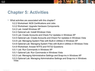 Chapter 5: Activities
            What activities are associated with this chapter?
              5.2.2 Worksheet: NOS Certifications and Jobs
              5.3.2 Worksheet: Upgrade Hardware Components
              5.4.2 Lab: Install Windows XP
              5.4.2 Optional Lab: Install Windows Vista
              5.4.5 Lab: Create Accounts and Check For Updates in Windows XP
              5.4.5 Optional Lab: Create Accounts and Check For Updates in Windows Vista
              5.4.8 Lab: Managing System Files with Built-in Utilities in Windows XP
              5.4.8 Optional Lab: Managing System Files with Built-in Utilities in Windows Vista
              5.4.9 Worksheet: Answer NTFS and FAT32 Questions
              5.5.1 Lab: Run Commands in Windows XP
              5.5.1 Optional Lab: Run Commands in Windows Vista
              5.5.3 Lab: Managing Administrative Settings and Snap-ins in Windows XP
              5.5.3 Optional Lab: Managing Administrative Settings and Snap-ins in Windows
               Vista



Presentation_ID                                      © 2008 Cisco Systems, Inc. All rights reserved.   Cisco Confidential   4
 