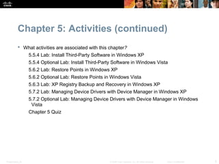 Chapter 5: Activities (continued)
            What activities are associated with this chapter?
                  5.5.4 Lab: Install Third-Party Software in Windows XP
                  5.5.4 Optional Lab: Install Third-Party Software in Windows Vista
                  5.6.2 Lab: Restore Points in Windows XP
                  5.6.2 Optional Lab: Restore Points in Windows Vista
                  5.6.3 Lab: XP Registry Backup and Recovery in Windows XP
                  5.7.2 Lab: Managing Device Drivers with Device Manager in Windows XP
                  5.7.2 Optional Lab: Managing Device Drivers with Device Manager in Windows
                   Vista
                  Chapter 5 Quiz




Presentation_ID                                        © 2008 Cisco Systems, Inc. All rights reserved.   Cisco Confidential   5
 