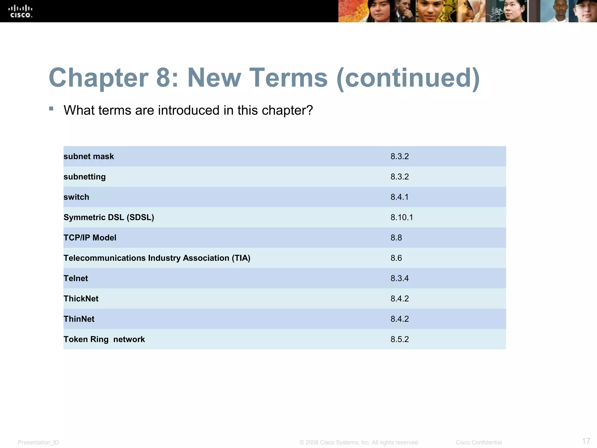 Chapter 8: New Terms (continued)
            What terms are introduced in this chapter?


                  subnet mask                                                                        8.3.2

                  subnetting                                                                         8.3.2

                  switch                                                                             8.4.1

                  Symmetric DSL (SDSL)                                                               8.10.1

                  TCP/IP Model                                                                       8.8

                  Telecommunications Industry Association (TIA)                                      8.6

                  Telnet                                                                             8.3.4

                  ThickNet                                                                           8.4.2

                  ThinNet                                                                            8.4.2

                  Token Ring network                                                                 8.5.2




Presentation_ID                                                   © 2008 Cisco Systems, Inc. All rights reserved.   Cisco Confidential   17
 