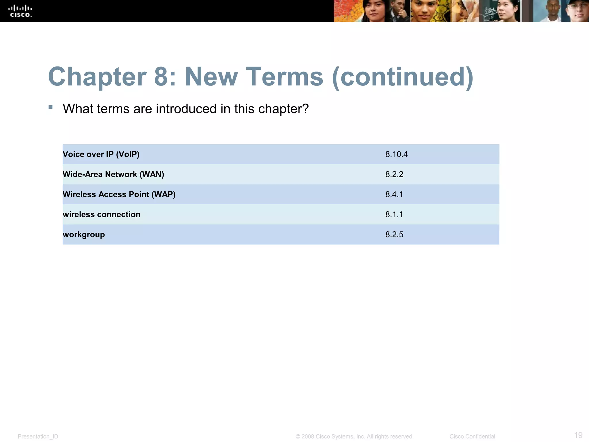 Chapter 8: New Terms (continued)
            What terms are introduced in this chapter?


                  Voice over IP (VoIP)                                                 8.10.4

                  Wide-Area Network (WAN)                                              8.2.2

                  Wireless Access Point (WAP)                                          8.4.1

                  wireless connection                                                  8.1.1

                  workgroup                                                            8.2.5




Presentation_ID                                     © 2008 Cisco Systems, Inc. All rights reserved.   Cisco Confidential   19
 
