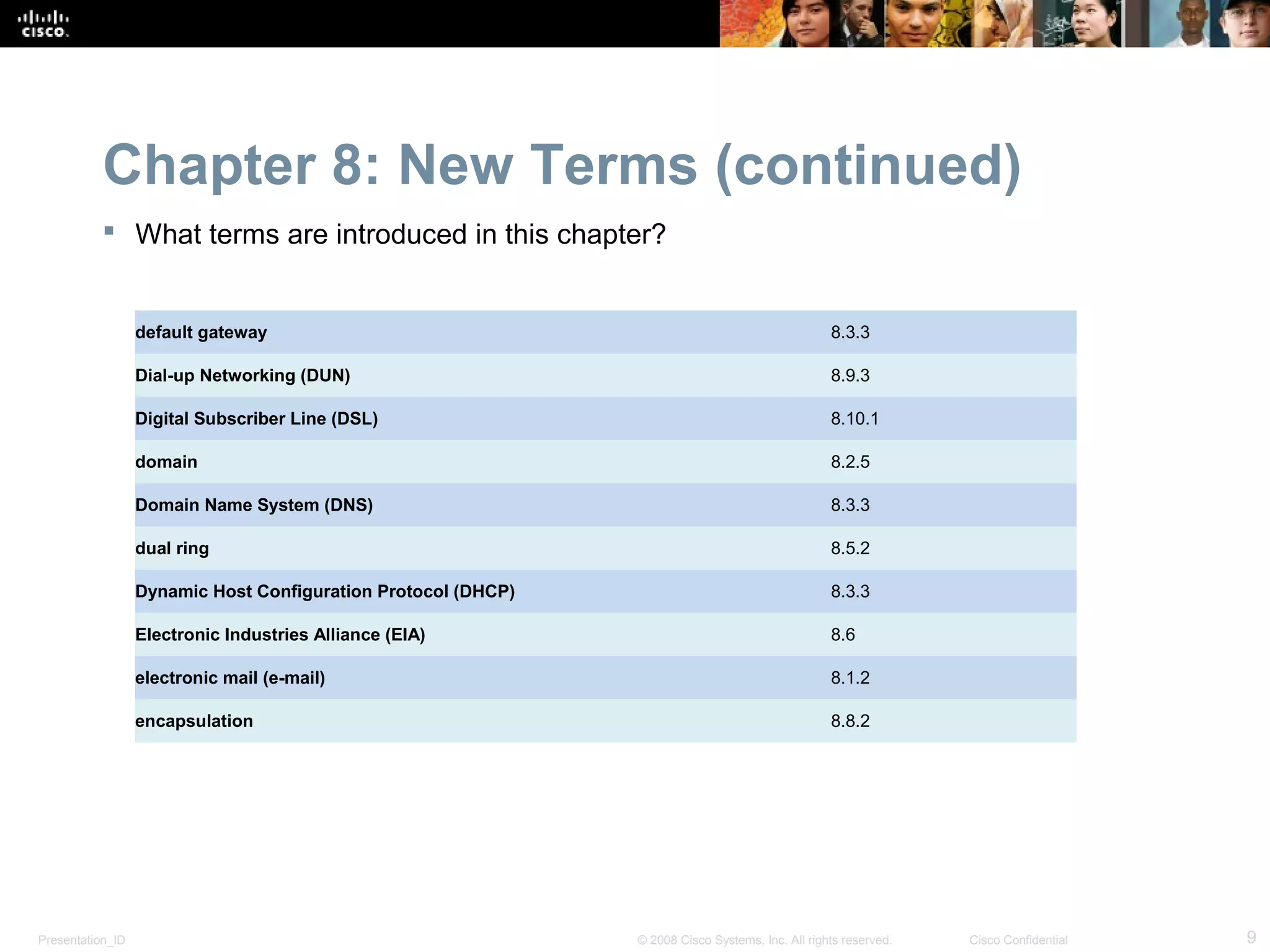 Chapter 8: New Terms (continued)
            What terms are introduced in this chapter?


                  default gateway                                                                 8.3.3

                  Dial-up Networking (DUN)                                                        8.9.3

                  Digital Subscriber Line (DSL)                                                   8.10.1

                  domain                                                                          8.2.5

                  Domain Name System (DNS)                                                        8.3.3

                  dual ring                                                                       8.5.2

                  Dynamic Host Configuration Protocol (DHCP)                                      8.3.3

                  Electronic Industries Alliance (EIA)                                            8.6

                  electronic mail (e-mail)                                                        8.1.2

                  encapsulation                                                                   8.8.2




Presentation_ID                                                © 2008 Cisco Systems, Inc. All rights reserved.   Cisco Confidential   9
 