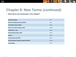 Chapter 8: New Terms (continued)
            What terms are introduced in this chapter?


                  physical topology                                                             8.5

                  Plain Old Telephone Service (POTS)                                            8.10

                  Post Office Protocol (POP)                                                    8.3.4

                  Power Line Communication (PLC)                                                8.10.2

                  Presentation Layer                                                            8.8.2

                  Primary Rate Interface (PRI)                                                  8.10.1

                  protocol                                                                      8.3.4

                  Protocol Data Unit (PDU)                                                      8.8.2

                  Public Switched Telephone Network (PSTN)                                      8.10.4

                  ring topology                                                                 8.5.1




Presentation_ID                                              © 2008 Cisco Systems, Inc. All rights reserved.   Cisco Confidential   15
 