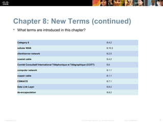 Chapter 8: New Terms (continued)
            What terms are introduced in this chapter?


                  Category 6                                                                                   8.4.2

                  cellular WAN                                                                                 8.10.3

                  client/server network                                                                        8.2.5

                  coaxial cable                                                                                8.4.2

                  Comité Consultatif International Téléphonique et Télégraphique (CCITT)                       8.6

                  computer network                                                                             8.1.1

                  copper cable                                                                                 8.1.1

                  CSMA/CD                                                                                      8.7.1

                  Data Link Layer                                                                              8.8.2

                  de-encapsulation                                                                             8.8.2




Presentation_ID                                                             © 2008 Cisco Systems, Inc. All rights reserved.   Cisco Confidential   8
 