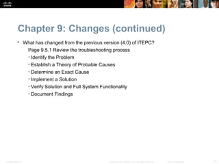 Chapter 9: Changes (continued)
           What has changed from the previous version (4.0) of ITEPC?
                  Page 9.5.1 Review the troubleshooting process
                  • Identify the Problem
                  • Establish a Theory of Probable Causes
                  • Determine an Exact Cause
                  • Implement a Solution
                  • Verify Solution and Full System Functionality
                  • Document Findings




Presentation_ID                                         © 2008 Cisco Systems, Inc. All rights reserved.   Cisco Confidential   10
 