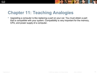 Chapter 11: Teaching Analogies
            Upgrading a computer is like replacing a part on your car. You must obtain a part
             that is compatible with your system. Compatibility is very important for the memory,
             CPU, and power supply of a computer.




Presentation_ID                                       © 2008 Cisco Systems, Inc. All rights reserved.   Cisco Confidential   19
 