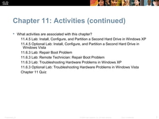 Chapter 11: Activities (continued)
            What activities are associated with this chapter?
              11.4.5 Lab: Install, Configure, and Partition a Second Hard Drive in Windows XP
              11.4.5 Optional Lab: Install, Configure, and Partition a Second Hard Drive in
               Windows Vista
              11.6.3 Lab: Repair Boot Problem
              11.6.3 Lab: Remote Technician: Repair Boot Problem
              11.6.3 Lab: Troubleshooting Hardware Problems in Windows XP
              11.6.3 Optional Lab: Troubleshooting Hardware Problems in Windows Vista
              Chapter 11 Quiz




Presentation_ID                                     © 2008 Cisco Systems, Inc. All rights reserved.   Cisco Confidential   5
 