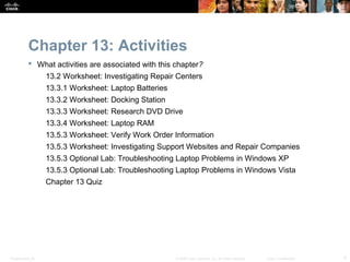 Chapter 13: Activities
            What activities are associated with this chapter?
                  13.2 Worksheet: Investigating Repair Centers
                  13.3.1 Worksheet: Laptop Batteries
                  13.3.2 Worksheet: Docking Station
                  13.3.3 Worksheet: Research DVD Drive
                  13.3.4 Worksheet: Laptop RAM
                  13.5.3 Worksheet: Verify Work Order Information
                  13.5.3 Worksheet: Investigating Support Websites and Repair Companies
                  13.5.3 Optional Lab: Troubleshooting Laptop Problems in Windows XP
                  13.5.3 Optional Lab: Troubleshooting Laptop Problems in Windows Vista
                  Chapter 13 Quiz




Presentation_ID                                        © 2008 Cisco Systems, Inc. All rights reserved.   Cisco Confidential   4
 