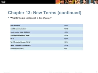 Chapter 13: New Terms (continued)
            What terms are introduced in this chapter?


                  port replicator                                                      13.3.2

                  satellite communication                                              13.1.5

                  Small Outline DIMM (SODIMM)                                          13.3.4

                  Virtual Private Network (VPN)                                        13.1.4

                  Wi-Fi                                                                13.1.4

                  Wi-Fi Protected Access (WPA)                                         13.1.4

                  Wired Equivalent Privacy (WEP)                                       13.1.4

                  wireless connection                                                  13.1




Presentation_ID                                     © 2008 Cisco Systems, Inc. All rights reserved.   Cisco Confidential   6
 