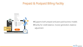 Prepaid & Postpaid Billing Facility
Supports both prepaid and post-paid business models
Facility for credit balance, invoice generation, balance
adjustment
14
 