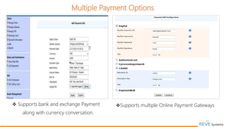 Multiple Payment Options
21
 Supports bank and exchange Payment
along with currency conversation.
Supports multiple Online Payment Gateways
 