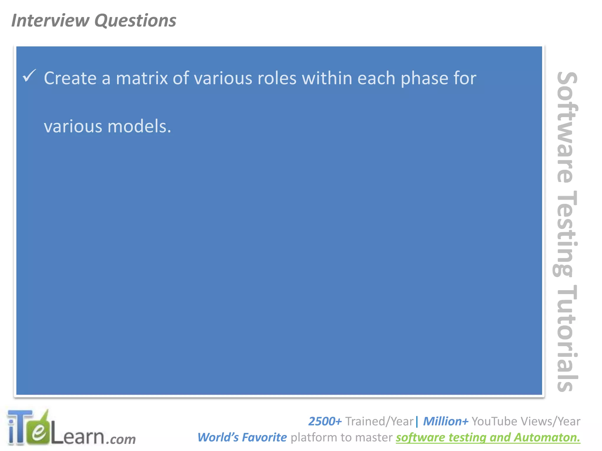.com
SoftwareTestingTutorials
 Create a matrix of various roles within each phase for
various models.
Interview Questions
2500+ Trained/Year| Million+ YouTube Views/Year
World’s Favorite platform to master software testing and Automaton.
 