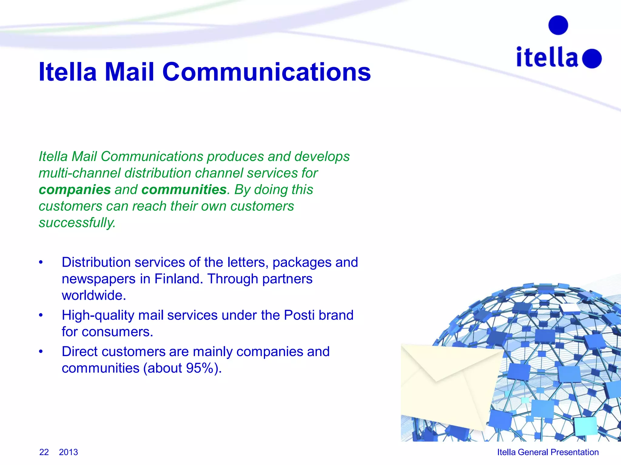 Itella Mail Communications

Itella Mail Communications produces and develops
multi-channel distribution channel services for
companies and communities. By doing this
customers can reach their own customers
successfully.
•

•
•

22

Distribution services of the letters, packages and
newspapers in Finland. Through partners
worldwide.
High-quality mail services under the Posti brand
for consumers.
Direct customers are mainly companies and
communities (about 95%).

2013

Itella General Presentation

 