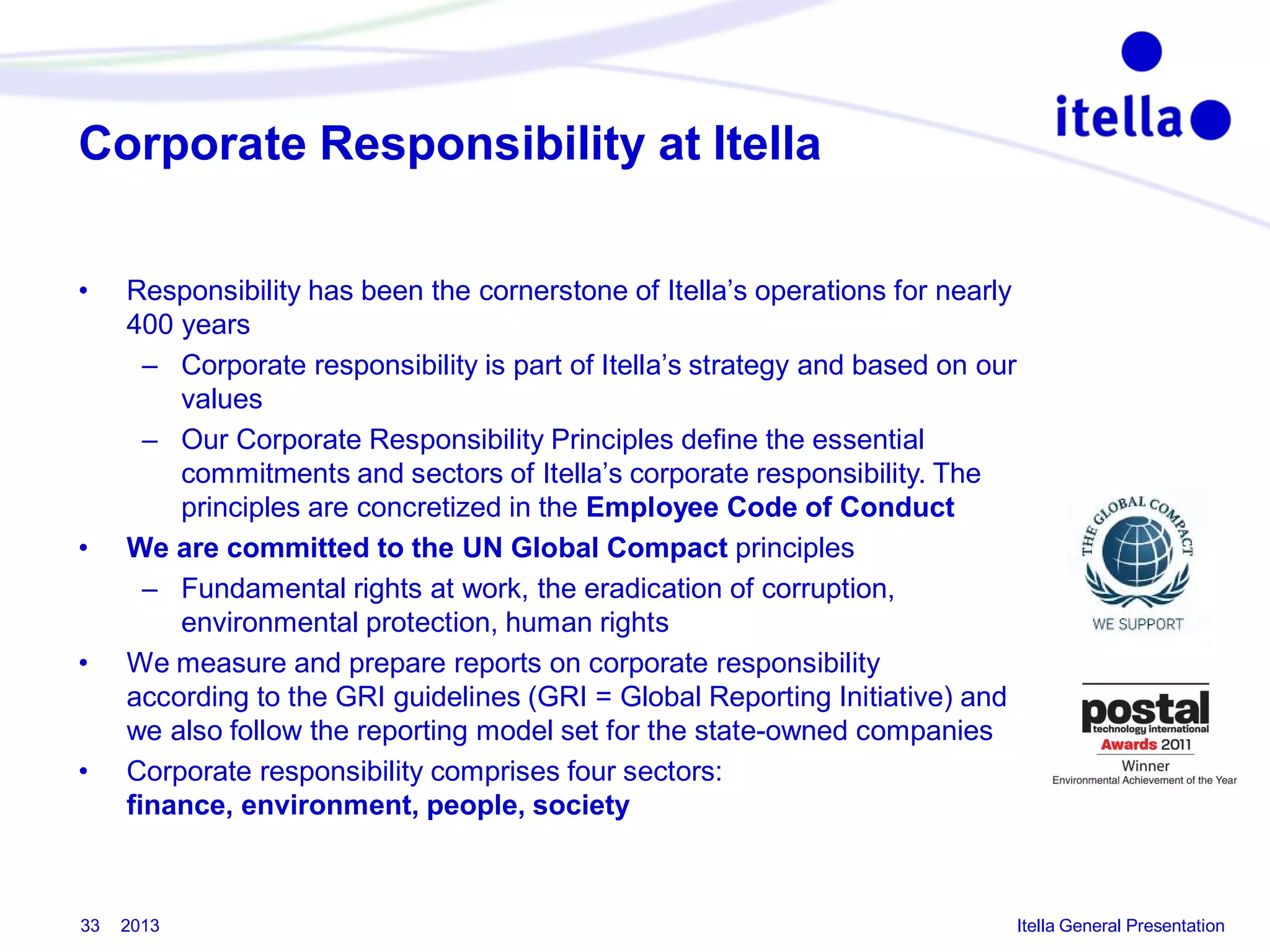 Corporate Responsibility at Itella
•

•

•

•

33

Responsibility has been the cornerstone of Itella’s operations for nearly
400 years
– Corporate responsibility is part of Itella’s strategy and based on our
values
– Our Corporate Responsibility Principles define the essential
commitments and sectors of Itella’s corporate responsibility. The
principles are concretized in the Employee Code of Conduct
We are committed to the UN Global Compact principles
– Fundamental rights at work, the eradication of corruption,
environmental protection, human rights
We measure and prepare reports on corporate responsibility
according to the GRI guidelines (GRI = Global Reporting Initiative) and
we also follow the reporting model set for the state-owned companies
Corporate responsibility comprises four sectors:
finance, environment, people, society

2013

Itella General Presentation

 
