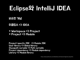 Eclipse와 IntelliJ IDEA
• 비슷한 개념
• 이클립스 => IDEA
• * Workspace => Project 
* Project => Module 
• Project-specific JRE => Module JDK 
User library => Global library 
Classpath variable => Path variable 
Project dependency => Module dependency 
Library => Module library
https://www.jetbrains.com/idea/documentation/migration_faq.html
 