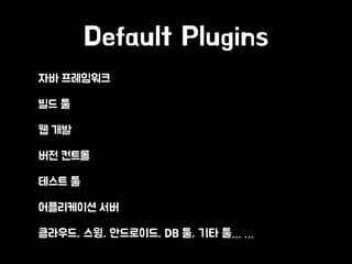 Default Plugins
• 자바 프레임워크
• 빌드 툴
• 웹 개발
• 버전 컨트롤
• 테스트 툴
• 어플리케이션 서버
• 클라우드, 스윙, 안드로이드, DB 툴, 기타 툴… …
 