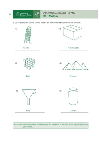 CADERNO DE ATIVIDADES – 3o ANO

64

MATEMÁTICA
2. Observe as ﬁguras abaixo. Escreva o nome das formas tridimensionais que elas lembram.
(A)

(D)

Cilindro
___________________________

Paralelepípedo
_______________________________

(B)

Cubo
________________________________

(C)

Cone
_______________________________

(E)

Pirâmide
_______________________________

(F)

Cilindro
_____________________________

HABILIDADE: Identiﬁcar formas tridimensionais nos elementos da natureza e nos objetos construídos
pelo homem.

 