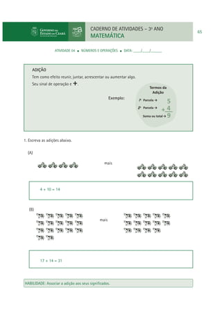 CADERNO DE ATIVIDADES – 3o ANO

MATEMÁTICA
ATIVIDADE 04

NÚMEROS E OPERAÇÕES

DATA: ____/____/______

ADIÇÃO
Tem como efeito reunir, juntar, acrescentar ou aumentar algo.
Seu sinal de operação e

+.

Termos da
Adição

Exemplo:

1a
2a

1. Escreva as adições abaixo.
(A)
mais

4 + 10 = 14

(B)
mais

17 + 14 = 31

HABILIDADE: Associar a adição aos seus signiﬁcados.

65

 