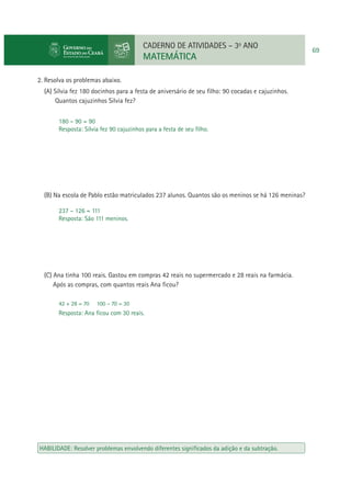 CADERNO DE ATIVIDADES – 3o ANO

MATEMÁTICA
2. Resolva os problemas abaixo.
(A) Sílvia fez 180 docinhos para a festa de aniversário de seu ﬁlho: 90 cocadas e cajuzinhos.
Quantos cajuzinhos Silvia fez?
180 – 90 = 90
Resposta: Sílvia fez 90 cajuzinhos para a festa de seu ﬁlho.

(B) Na escola de Pablo estão matriculados 237 alunos. Quantos são os meninos se há 126 meninas?
237 – 126 = 111
Resposta: São 111 meninos.

(C) Ana tinha 100 reais. Gastou em compras 42 reais no supermercado e 28 reais na farmácia.
Após as compras, com quantos reais Ana ﬁcou?
42 + 28 = 70

100 – 70 = 30

Resposta: Ana ﬁcou com 30 reais.

HABILIDADE: Resolver problemas envolvendo diferentes signiﬁcados da adição e da subtração.

69

 