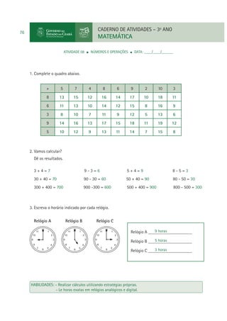 CADERNO DE ATIVIDADES – 3o ANO

76

MATEMÁTICA
ATIVIDADE 08

NÚMEROS E OPERAÇÕES

DATA: ____/____/______

1. Complete o quadro abaixo.
+

5

7

4

8

6

9

2

10

3

8

13

15

12

16

14

17

10

18

11

6

11

13

10

14

12

15

8

16

9

3

8

10

7

11

9

12

5

13

6

9

14

16

13

17

15

18

11

19

12

5

10

12

9

13

11

14

7

15

8

2. Vamos calcular?
Dê os resultados.
3+4=7

9-3=6

5+4=9

8-5=3

30 + 40 = 70

90 - 30 = 60

50 + 40 = 90

80 - 50 = 30

300 + 400 = 700

900 -300 = 600

500 + 400 = 900

800 - 500 = 300

3. Escreva o horário indicado por cada relógio.
Relógio A

Relógio B

Relógio C
9 horas
Relógio A ____________________
5 horas
Relógio B ____________________
3 horas
Relógio C ____________________

HABILIDADES: - Realizar cálculos utilizando estratégias próprias.
- Le horas exatas em relógios analógicos e digital.

 