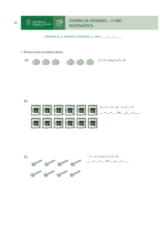 CADERNO DE ATIVIDADES – 3o ANO

80

MATEMÁTICA
ATIVIDADE 09

NÚMEROS E OPERAÇÕES

DATA: ____/____/______

1. Resolva como no modelo abaixo.
(A)

3 + 3 = 6 ou 2 x 3 = 6

(B)
6 + 6 = 12 ou 2 x 6 = 12
___ +___=___ ou ___x___=____

(C)

4 + 4 = 8 ou 2 x 4 = 8
___ +___=___ ou ___x___=____

 