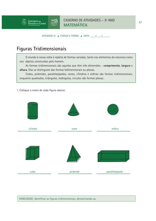 CADERNO DE ATIVIDADES – 3o ANO

MATEMÁTICA
ATIVIDADE 01

ESPAÇO E FORMA

DATA: ____/____/______

Figuras Tridimensionais
O mundo à nossa volta é repleto de formas variadas, tanto nos elementos da natureza como
nos objetos construídos pelo homem.
As formas tridimensionais são aquelas que têm três dimensões - comprimento, largura e
altura. Elas se distinguem das formas bidimensionais ou planas.
Cubos, pirâmides, paralelepípedos, cones, cilindros e esferas são formas tridimensionais,
enquanto quadrados, triângulos, retângulos, círculos são formas planas.

1. Coloque o nome de cada ﬁgura abaixo.

cilindro

cone

esfera

cubo

pirâmide

paralelepípedo

HABILIDADE: Identiﬁcar as ﬁguras tridimensionais, denominando-as.

57

 