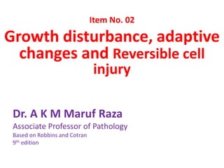Dr. A K M Maruf Raza
Associate Professor of Pathology
Based on Robbins and Cotran
9th edition
Item No. 02
Growth disturbance, adaptive
changes and Reversible cell
injury
 