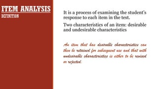 Item Analysis Process Comprehensive Guide to Item Analysis in Educational Testing | PDF
