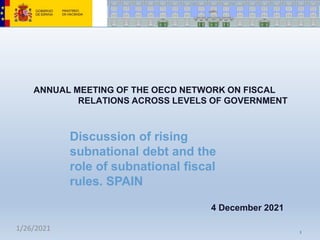 ANNUAL MEETING OF THE OECD NETWORK ON FISCAL
RELATIONS ACROSS LEVELS OF GOVERNMENT
Discussion of rising
subnational debt and the
role of subnational fiscal
rules. SPAIN
4 December 2021
1/26/2021 1
 