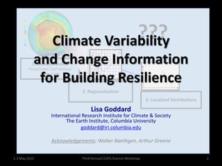 ???
                     Climate Variability
           and Change Information
          1. Climate models
        Projections 21st century

            for Building Resilience
              Large scale



                                   2. Regionalization
                                                                         3. Localized Distributions

                                        Lisa Goddard
                    International Research Institute for Climate & Society
                          The Earth Institute, Columbia University
                                 goddard@iri.columbia.edu

                    Acknowledgements: Walter Baethgen, Arthur Greene


1-2 May 2012                       Third Annual CCAFS Science Workshop                                1
 