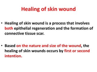 Healing of skin wound
• Healing of skin wound is a process that involves
both epithelial regeneration and the formation of
connective tissue scar.
• Based on the nature and size of the wound, the
healing of skin wounds occurs by first or second
intention.
 