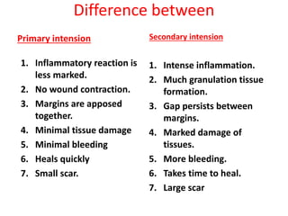 Difference between
Primary intension
1. Inflammatory reaction is
less marked.
2. No wound contraction.
3. Margins are apposed
together.
4. Minimal tissue damage
5. Minimal bleeding
6. Heals quickly
7. Small scar.
Secondary intension
1. Intense inflammation.
2. Much granulation tissue
formation.
3. Gap persists between
margins.
4. Marked damage of
tissues.
5. More bleeding.
6. Takes time to heal.
7. Large scar
 