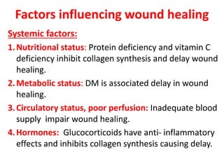 Factors influencing wound healing
Systemic factors:
1.Nutritional status: Protein deficiency and vitamin C
deficiency inhibit collagen synthesis and delay wound
healing.
2.Metabolic status: DM is associated delay in wound
healing.
3.Circulatory status, poor perfusion: Inadequate blood
supply impair wound healing.
4.Hormones: Glucocorticoids have anti- inflammatory
effects and inhibits collagen synthesis causing delay.
 