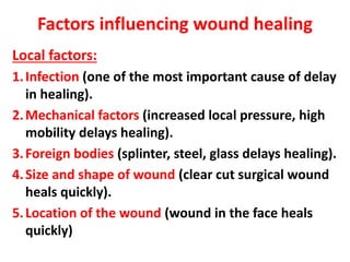 Factors influencing wound healing
Local factors:
1.Infection (one of the most important cause of delay
in healing).
2.Mechanical factors (increased local pressure, high
mobility delays healing).
3.Foreign bodies (splinter, steel, glass delays healing).
4.Size and shape of wound (clear cut surgical wound
heals quickly).
5.Location of the wound (wound in the face heals
quickly)
 