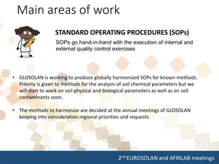 2nd EUROSOLAN and AFRILAB meetings
Main areas of work
STANDARD OPERATING PROCEDURES (SOPs)
SOPs go hand-in-hand with the execution of internal and
external quality control exercises
• GLOSOLAN is working to produce globally harmonized SOPs for known methods.
Priority is given to methods for the analysis of soil chemical parameters but we
will start to work on soil physical and biological parameters as well as on soil
contaminants soon.
• The methods to harmonize are decided at the annual meetings of GLOSOLAN
keeping into consideration regional priorities and requests
 