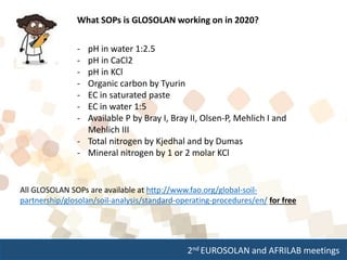 2nd EUROSOLAN and AFRILAB meetings
What SOPs is GLOSOLAN working on in 2020?
All GLOSOLAN SOPs are available at http://www.fao.org/global-soil-
partnership/glosolan/soil-analysis/standard-operating-procedures/en/ for free
- pH in water 1:2.5
- pH in CaCl2
- pH in KCl
- Organic carbon by Tyurin
- EC in saturated paste
- EC in water 1:5
- Available P by Bray I, Bray II, Olsen-P, Mehlich I and
Mehlich III
- Total nitrogen by Kjedhal and by Dumas
- Mineral nitrogen by 1 or 2 molar KCl
 