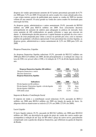 despesas de vendas apresentaram aumento de 0,5 pontos percentuais passando de 6,7%
em 2008 para 7,2% em 2009. O mercado de carros usados foi o mais afetado pela crise,
o que exigiu maiores gastos de publicidade para manter as vendas de 2009 no mesmo
volume do ano anterior. O caixa gerado na venda dos carros usados foi destinado para
renovação da frota.
As despesas gerais, administrativas e outras aumentaram 19,4%, passando de R$39,8
milhões em 2008 para R$47,6 milhões em 2009. Esse crescimento decorreu
principalmente do aumento de salários para adequação às práticas de mercado, bem
como aumento de 409 colaboradores no quadro referente a vagas que estavam em
aberto. A Administração decidiu preservar o capital humano no período da crise com o
objetivo de estar preparada para voltar a crescer no período pós crise, com os mesmos
padrões de qualidade e eficiência operacional. Como percentual das receitas líquidas, as
despesas gerais, administrativas e outras aumentaram de 2,2% em 2008 para 2,6% em
2009.


Despesas Financeiras, Líquidas

As despesas financeiras líquidas reduziram 15,2%, passando de R$133,2 milhões em
2008 para R$112,9 milhões em 2009, devido principalmente a: i) redução de 2,4p.p. na
taxa do CDI e no spread sobre o CDI; e ii) redução de 5,7% da dívida líquida média do
ano.



       Despesas financeiras líquidas (R$ milhões)          2009      2008      Var. %
    Despesas financeiras e outros                          (144,0)   (161,8)    -11,0%
    Receitas financeiras                                     31,1      28,6       8,7%
    Despesas financeiras, líquidas                         (112,9)   (133,2)   -15,2%


                         Indicadores                        2009      2008     Var. %
    Dívida líquida (em R$ milhões)                         1.078,6   1.254,5    -14,0%
    Dívida líquida / Patrimônio líquido + dívida líquida       64%      70%       6p.p.
    Dívida líquida / EBITDA                                   1,67      1,79     -6,7%
    CDI médio anual                                          10,0%     12,4%   -2,4p.p.

Imposto de Renda e Contribuição Social
O imposto de renda e a contribuição social reduziram 23,2%, passando de R$51,3
milhões em 2008 para R$39,4 milhões em 2009 em função da queda do lucro. As
alíquotas efetivas mantiveram-se estáveis (27,3% em 2008 e 27,9% em 2009).


Lucro Líquido
O lucro líquido reduziu 25,3%, passando de R$136,5 milhões em 2008 para R$102,0
milhões em 2009, em decorrência da queda do preço de venda dos carros usados que
acompanhou a redução de até 7p.p. do IPI sobre o preço de carros novos, parcialmente
compensado com a queda das despesas financeiras, que refletiram na queda do Imposto
de Renda.



                                                                                          20
 