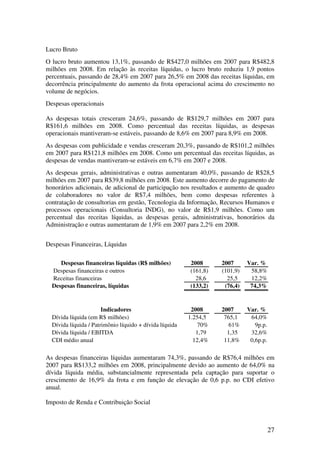 Lucro Bruto
O lucro bruto aumentou 13,1%, passando de R$427,0 milhões em 2007 para R$482,8
milhões em 2008. Em relação às receitas líquidas, o lucro bruto reduziu 1,9 pontos
percentuais, passando de 28,4% em 2007 para 26,5% em 2008 das receitas líquidas, em
decorrência principalmente do aumento da frota operacional acima do crescimento no
volume de negócios.
Despesas operacionais

As despesas totais cresceram 24,6%, passando de R$129,7 milhões em 2007 para
R$161,6 milhões em 2008. Como percentual das receitas líquidas, as despesas
operacionais mantiveram-se estáveis, passando de 8,6% em 2007 para 8,9% em 2008.
As despesas com publicidade e vendas cresceram 20,3%, passando de R$101,2 milhões
em 2007 para R$121,8 milhões em 2008. Como um percentual das receitas líquidas, as
despesas de vendas mantiveram-se estáveis em 6,7% em 2007 e 2008.
As despesas gerais, administrativas e outras aumentaram 40,0%, passando de R$28,5
milhões em 2007 para R$39,8 milhões em 2008. Este aumento decorre do pagamento de
honorários adicionais, de adicional de participação nos resultados e aumento de quadro
de colaboradores no valor de R$7,4 milhões, bem como despesas referentes à
contratação de consultorias em gestão, Tecnologia da Informação, Recursos Humanos e
processos operacionais (Consultoria INDG), no valor de R$1,9 milhões. Como um
percentual das receitas líquidas, as despesas gerais, administrativas, honorários da
Administração e outras aumentaram de 1,9% em 2007 para 2,2% em 2008.


Despesas Financeiras, Líquidas

     Despesas financeiras líquidas (R$ milhões)          2008      2007      Var. %
  Despesas financeiras e outros                          (161,8)   (101,9)    58,8%
  Receitas financeiras                                     28,6      25,5     12,2%
  Despesas financeiras, líquidas                         (133,2)    (76,4)    74,3%


                       Indicadores                        2008     2007      Var. %
  Dívida líquida (em R$ milhões)                         1.254,5    765,1     64,0%
  Dívida líquida / Patrimônio líquido + dívida líquida       70%      61%       9p.p.
  Dívida líquida / EBITDA                                   1,79     1,35     32,6%
  CDI médio anual                                          12,4%    11,8%     0,6p.p.

As despesas financeiras líquidas aumentaram 74,3%, passando de R$76,4 milhões em
2007 para R$133,2 milhões em 2008, principalmente devido ao aumento de 64,0% na
dívida líquida média, substancialmente representada pela captação para suportar o
crescimento de 16,9% da frota e em função de elevação de 0,6 p.p. no CDI efetivo
anual.

Imposto de Renda e Contribuição Social



                                                                                        27
 