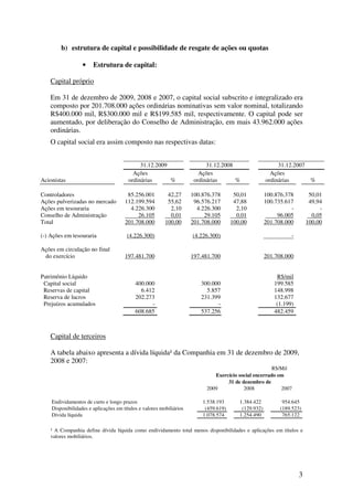 b) estrutura de capital e possibilidade de resgate de ações ou quotas

                  •    Estrutura de capital:

    Capital próprio

    Em 31 de dezembro de 2009, 2008 e 2007, o capital social subscrito e integralizado era
    composto por 201.708.000 ações ordinárias nominativas sem valor nominal, totalizando
    R$400.000 mil, R$300.000 mil e R$199.585 mil, respectivamente. O capital pode ser
    aumentado, por deliberação do Conselho de Administração, em mais 43.962.000 ações
    ordinárias.
    O capital social era assim composto nas respectivas datas:


                                             31.12.2009                    31.12.2008                      31.12.2007
                                          Ações                         Ações                           Ações
Acionistas                              ordinárias      %             ordinárias      %               ordinárias      %

Controladores                          85.256.001         42,27      100.876.378       50,01          100.876.378        50,01
Ações pulverizadas no mercado         112.199.594         55,62       96.576.217       47,88          100.735.617        49,94
Ações em tesouraria                     4.226.300          2,10        4.226.300        2,10                    -            -
Conselho de Administração                  26.105          0,01           29.105        0,01               96.005         0,05
Total                                 201.708.000        100,00      201.708.000      100,00          201.708.000       100,00

(-) Ações em tesouraria                (4.226.300)                   (4.226.300)                                -

Ações em circulação no final
 do exercício                         197.481.700                    197.481.700                      201.708.000


Patrimônio Líquido                                                                                        R$/mil
 Capital social                            400.000                      300.000                          199.585
 Reservas de capital                         6.412                        5.857                          148.998
 Reserva de lucros                         202.273                      231.399                          132.677
 Prejuízos acumulados                            -                            -                           (1.199)
                                           608.685                      537.256                          482.459



    Capital de terceiros

    A tabela abaixo apresenta a dívida líquida¹ da Companhia em 31 de dezembro de 2009,
    2008 e 2007:
                                                                                                      R$/Mil
                                                                             Exercício social encerrado em
                                                                                  31 de dezembro de
                                                                          2009           2008            2007

    Endividamentos de curto e longo prazos                               1.538.193       1.384.422           954.645
    Disponibilidades e aplicações em títulos e valores mobiliários        (459.619)       (129.932)         (189.523)
    Dívida líquida                                                       1.078.574       1.254.490           765.122

    ¹ A Companhia define dívida líquida como endividamento total menos disponibilidades e aplicações em títulos e
    valores mobiliários.




                                                                                                                    3
 