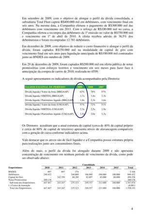 Em setembro de 2009, com o objetivo de alongar o perfil da dívida consolidada, a
             subsidiária Total Fleet captou R$400.000 mil em debêntures, com vencimento final em
             seis anos. Na mesma data, a Companhia efetuou o pagamento de R$300.000 mil das
             debêntures com vencimento em 2011. Com o reforço de R$100.000 mil no caixa, a
             Companhia ofertou a recompra das debêntures da 1ª emissão no valor de R$350.000 mil
             e vencimento em 1º de abril de 2010. A oferta recebeu adesão de 36,5% dos
             debenturistas e foram recompradas 12.781 debêntures.

             Em dezembro de 2009, com objetivo de reduzir o custo financeiro e alongar o perfil da
             dívida, foram captados R$150.000 mil na modalidade de capital de giro com
             vencimento final em seis anos para liquidação antecipada de R$100.000 mil contratados
             junto ao BNDES em outubro de 2009.

             Em 29 de dezembro de 2009, foram captados R$200.000 mil em oferta pública de notas
             promissórias com esforços restritos e vencimento em seis meses para fazer face à
             antecipação da compra de carros de 2010, realizada no 4T09.

             A seguir apresentamos os indicadores de divida acompanhados pela Diretoria:

                SALDOS EM FINAL DE PERÍODO                         2009       2008      2007
                Dívida líquida / Valor da frota (BRGAAP)             62%         78%      57%
                Dívida líquida / EBITDA (BRGAAP)                     1,7x        1,8x     1,3x
                Dívida líquida / Patrimônio líquido (BRGAAP)         1,8x        2,3x     1,6x
                Dívida líquida / Valor da frota (USGAAP)             57%         72%      51%
                Dívida líquida / EBITDA (USGAAP)                     2,3x        2,5x     1,9x
                Dívida líquida / Patrimônio líquido (USGAAP)         1,5x        2,0x     1,3x



             Os Diretores acreditam que a atual estrutura de capital (cerca de 40% de capital próprio
             e cerca de 60% de capital de terceiros) apresenta níveis de alavancagem compatíveis
             com a geração de caixa conforme indicadores acima.

             Vale destacar que os ativos são de fácil liquidez e a Companhia possui estrutura própria
             para realizações junto aos consumidores finais.

             Além do mais, o perfil da dívida foi alongado durante 2009 e não apresenta
             concentração de vencimento em nenhum período de vencimento da dívida, como pode
             ser observado abaixo:

                                                                          Consolidado
Empréstimos:                      2010         2011         2012             2013        2014      2015       Total
BNDES                                897         897           374                -           -         -        2.168
Debêntures                       246.432           -       166.660          166.660     166.680   100.000     846.432
Capital de Giro                        -     242.350        68.289           82.697      45.000    60.000     498.336
Notas Promissórias               200.138           -             -                -           -         -     200.138
  Sub-total dos Empréstimos      447.467     243.247       235.323          249.357     211.680   160.000   1.547.074
(-) Custos de transação                -           -             -                -           -         -      (8.881)
  Total dos Empréstimos          447.467     243.247       235.323          249.357     211.680   160.000   1.538.193




                                                                                                                 4
 