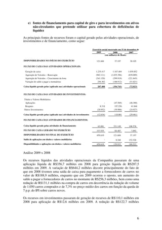 e) fontes de financiamento para capital de giro e para investimentos em ativos
       não-circulantes que pretende utilizar para cobertura de deficiências de
       liquidez

As principais fontes de recursos foram o capital gerado pelas atividades operacionais, de
investimentos e de financiamento, como segue:

                                                                        Exercício social encerrado em 31 de dezembro de
                                                                           2009               2008            2007
                                                                                     (em milhares de Reais)

DISPONIBILIDADES NO INÍCIO DO EXERCÍCIO                                     121.684           37.197         30.105

FLUXO DE CAIXA DAS ATIVIDADES OPERACIONAIS:

 Geração de caixa                                                          1.235.417        1.167.484       1.039.852
 Aquisição de Veículos – Renovação                                         (963.111)      (1.035.396)       (839.009)
 Aquisição de Veículos – Crescimento da frota                              (241.120)        (299.919)       (221.845)
 Variação do saldo a pagar a montadoras                                      256.302        (188.912)        (51.021)

Caixa líquido gerado pelas (aplicado nas) atividades operacionais            287.488        (356.743)        (72.023)


FLUXO DE CAIXA DAS ATIVIDADES DE INVESTIMENTOS:

Títulos e Valores Mobiliários
 Aplicações                                                                           -      (47.569)        (46.380)
 Resgates                                                                      8.318          197.556         41.846
Outros Investimentos                                                        (20.952)         (39.906)        (24.927)

Caixa líquido gerado pelas (aplicado nas) atividades de investimentos       (12.634)          110.081        (29.461)

FLUXO DE CAIXA DAS ATIVIDADES DE FINANCIAMENTOS:

Caixa líquido gerado pelas atividades de financiamento                       63.081          331.149        108.576
FLUXO DE CAIXA GERADO NO EXERCÍCIO                                          337.935           84.487           7.092
DISPONIBILIDADES NO FINAL DO EXERCÍCIO                                      459.619          121.684         37.197
Saldo de aplicações em títulos e valores mobiliários                                  -        8.248        152.326
Disponibilidades e aplicações em títulos e valores mobiliários              459.619          129.932        189.523


Análise 2009 x 2008

Os recursos líquidos das atividades operacionais da Companhia passaram de uma
aplicação líquida de R$356,7 milhões em 2008 para geração líquida de R$287,5
milhões em 2009. A variação de R$644,2 milhões decorre principalmente do fato de
que em 2008 tivemos uma saída de caixa para pagamento a fornecedores de carros no
valor de R$188,9 milhões, enquanto que em 2009 ocorreu o oposto, um aumento do
saldo a pagar a fornecedores de carros no montante de R$256,3 milhões, bem como uma
redução de R$131,1 milhões na compra de carros em decorrência da redução do volume
de 1.050 carros comprados e de 7,3% no preço médio dos carros em função da queda de
7 p.p. do IPI sobre carros novos.

Os recursos em investimentos passaram de geração de recursos de R$110,1 milhões em
2008 para aplicação de R$12,6 milhões em 2009. A redução de R$122,7 milhões




                                                                                                                        6
 